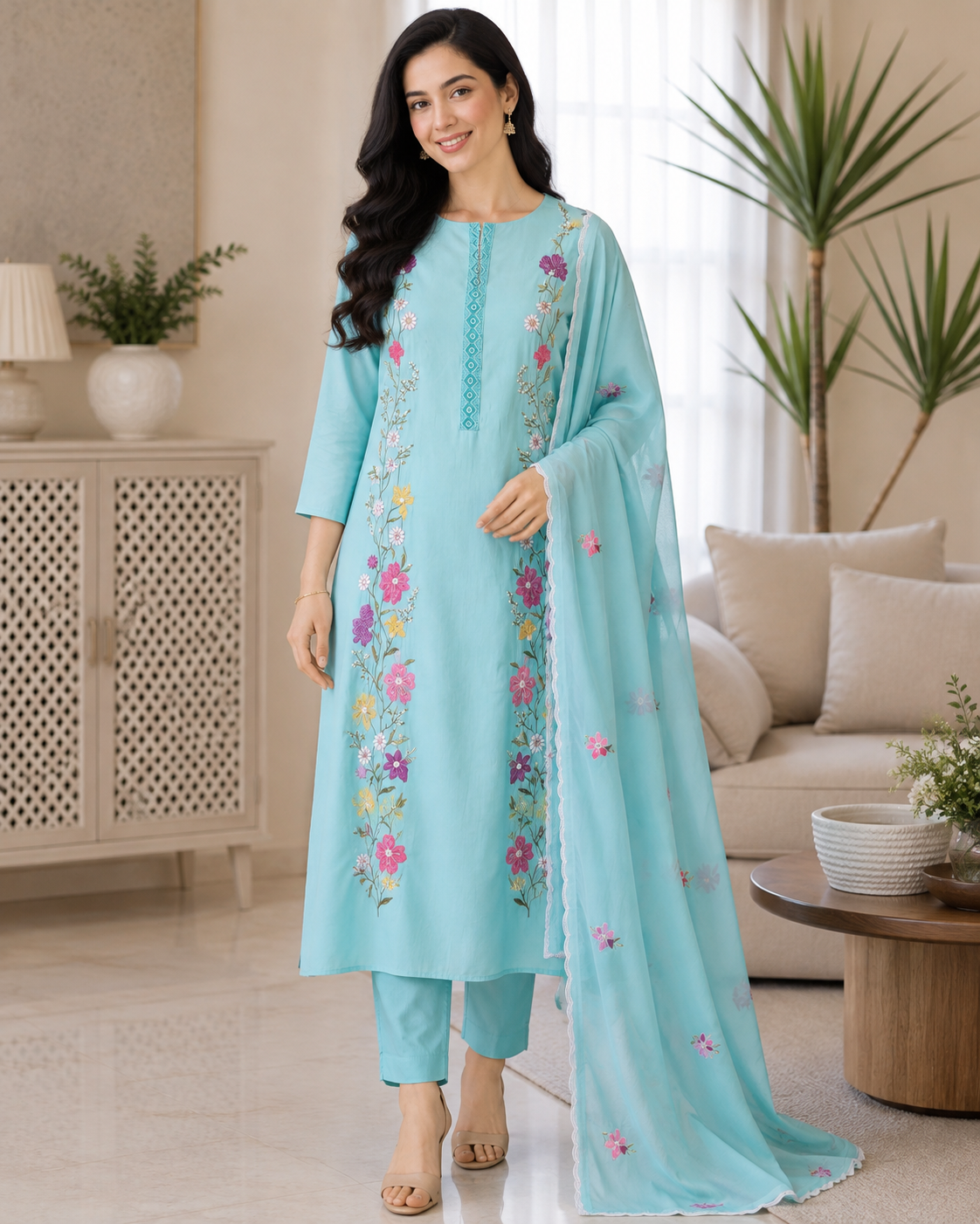 Mul Cotton Embroidered Unstitched Suit With Crochet Lacing & Colorful Scalloped Dupatta