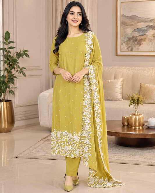 Premium Chinnon Overall Embroidered Unstitched Suit with Pearl Highlights
