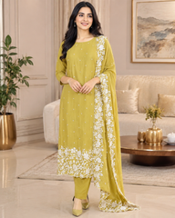 Premium Chinnon Overall Embroidered Unstitched Suit with Pearl Highlights