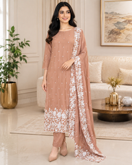 Premium Chinnon Overall Embroidered Unstitched Suit with Pearl Highlights