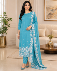 Premium Chinnon Overall Embroidered Unstitched Suit with Pearl Highlights