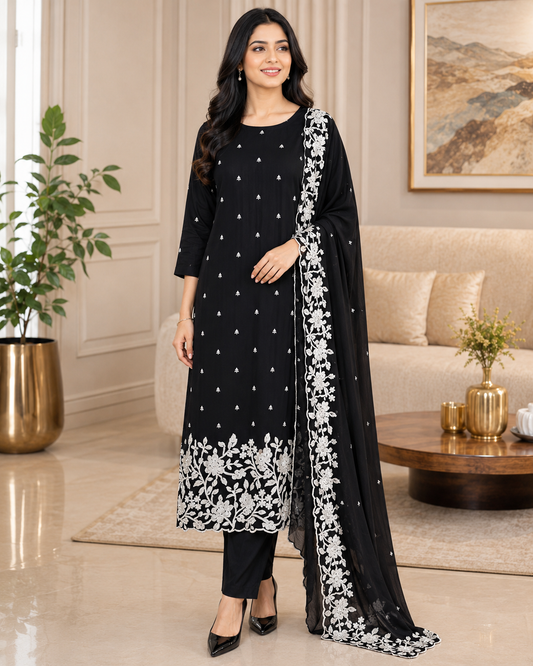 Premium Chinnon Overall Embroidered Unstitched Suit with Pearl Highlights