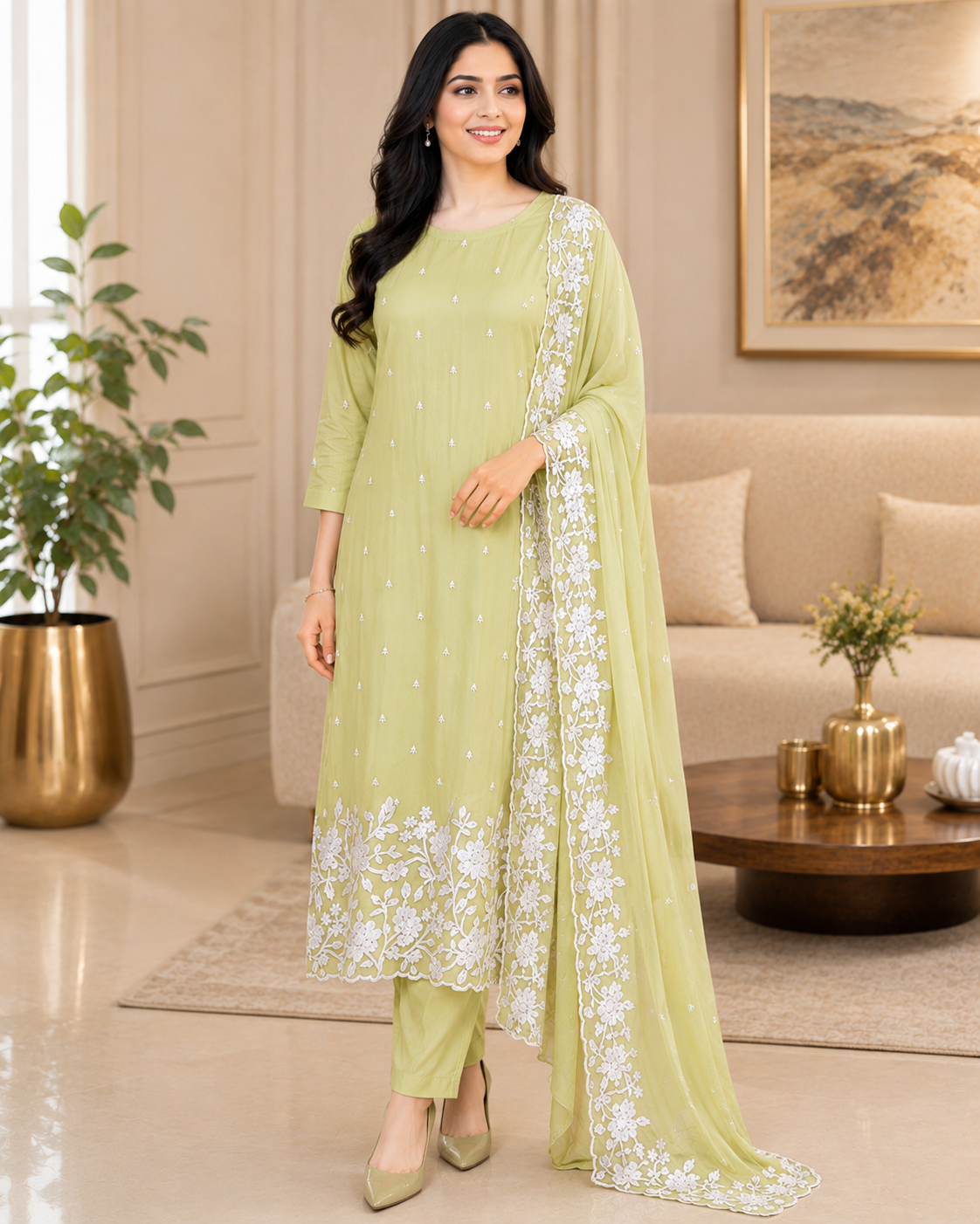 Premium Chinnon Overall Embroidered Unstitched Suit with Pearl Highlights