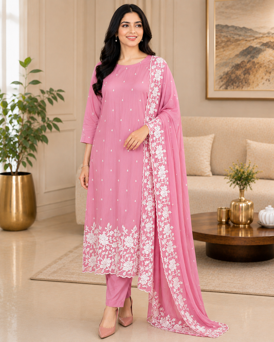 Premium Chinnon Overall Embroidered Unstitched Suit with Pearl Highlights
