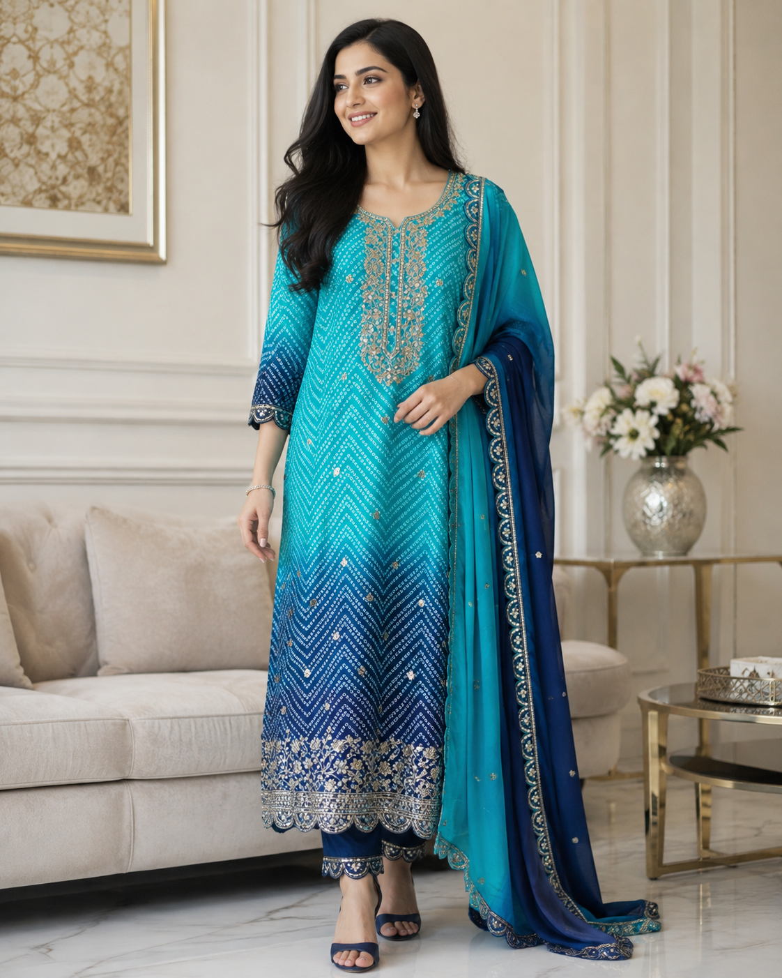 Chinnon Ombre Digital Printed 3-Piece Fully Stitched Suit with Sequin Embroidery & Shantoon Pants