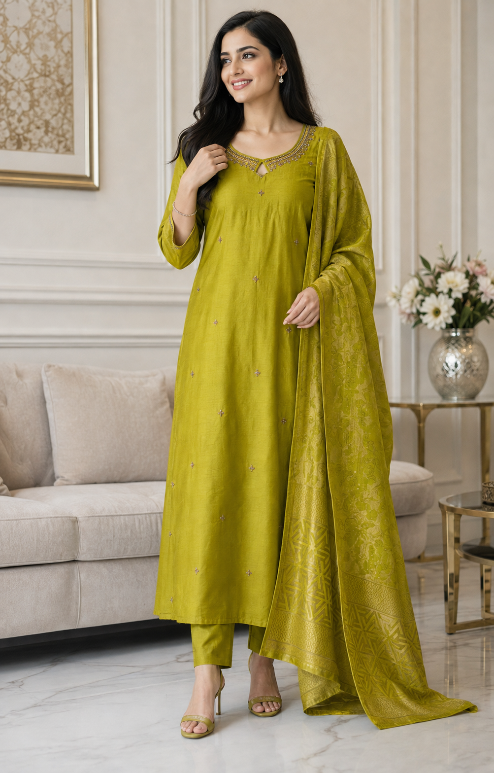 Roman Silk Fully Stitched 3-Piece Suit with Hand Work & Banarasi Silk Dupatta