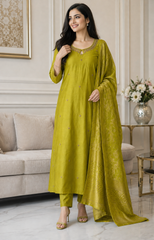 Roman Silk Fully Stitched 3-Piece Suit with Hand Work & Banarasi Silk Dupatta