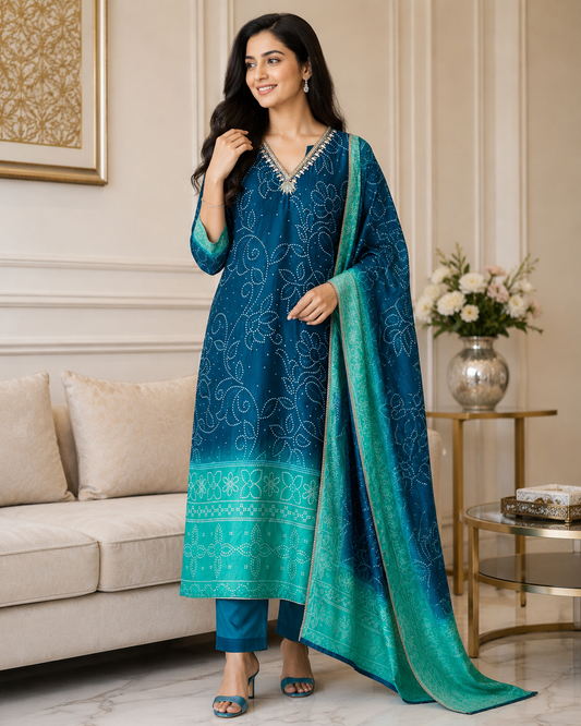 Fully Stitched -  Muslin Digital Print Mirror & Pearl Suit -Stitched for Elegance