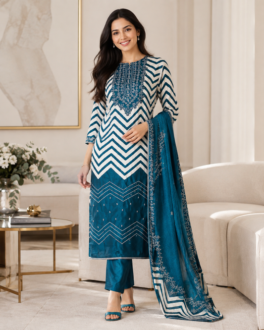 Gajji Silk Digital Print Unstitched Suit Set with Faux Mirror Highlights & Border Dupatta