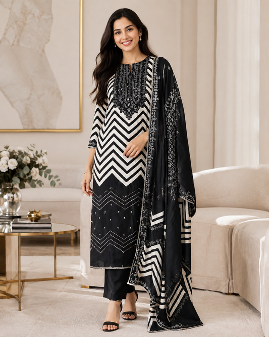 Gajji Silk Digital Print Unstitched Suit Set with Faux Mirror Highlights & Border Dupatta