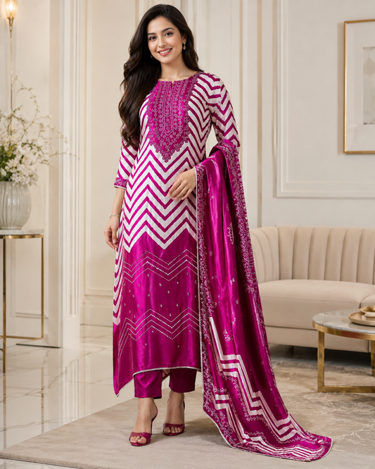 Gajji Silk Digital Print Unstitched Suit Set with Faux Mirror Highlights & Border Dupatta