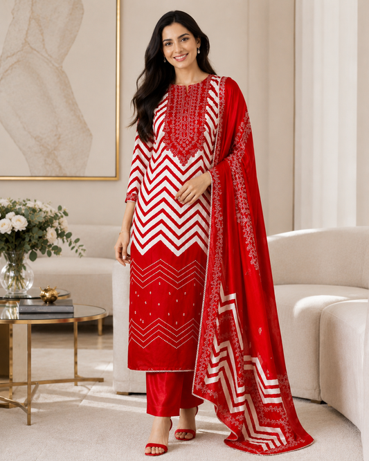 Gajji Silk Digital Print Unstitched Suit Set with Faux Mirror Highlights & Border Dupatta