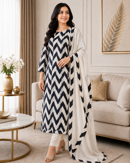 Pure Cotton Printed Unstitched Suit with Mirror Highlighting & Thread Embroidered Dupatta