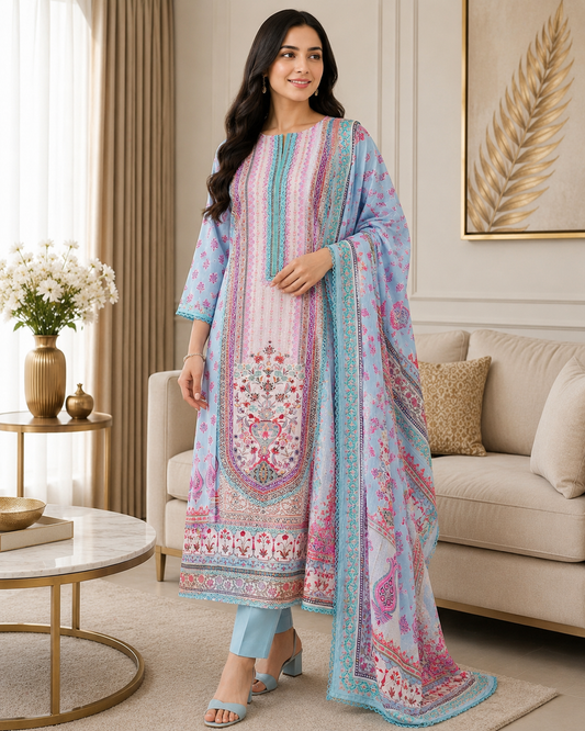 Premium Pure Cotton Digital Print Dress Material with Crochet Lace Border Dupatta