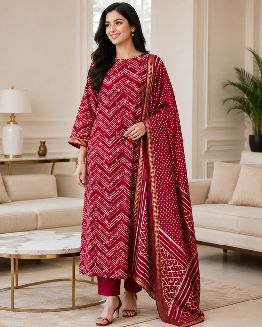 Cotton Maheshwari Digital Print Unstitched Suit Set with Banarasi Weaves & Banarasi Border Dupatta