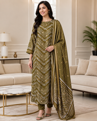 Cotton Maheshwari Digital Print Unstitched Suit Set with Banarasi Weaves & Banarasi Border Dupatta
