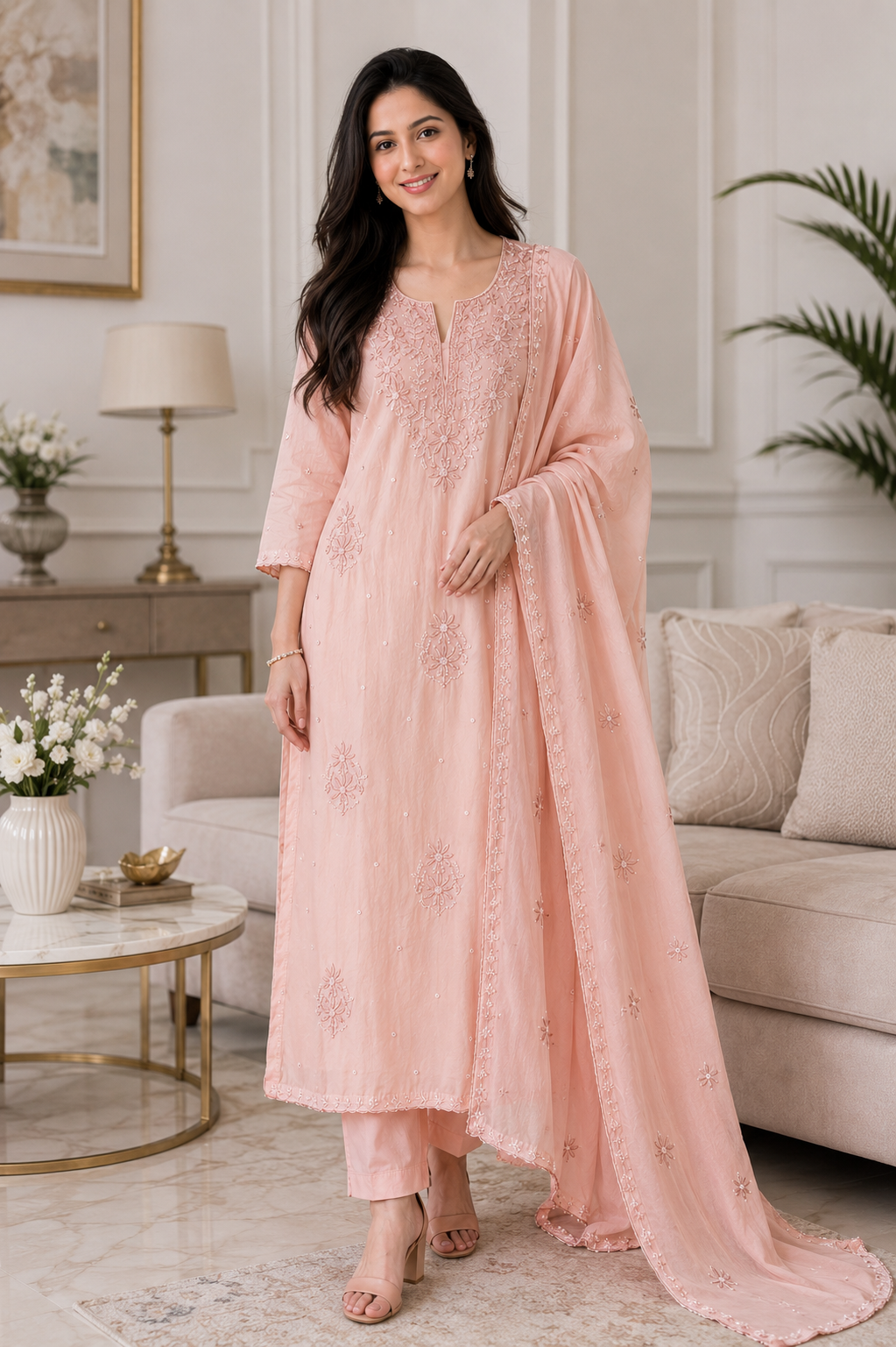 Mul Cotton Embroidered & Pearl Work Unstitched Suit with Embroidered Dupatta