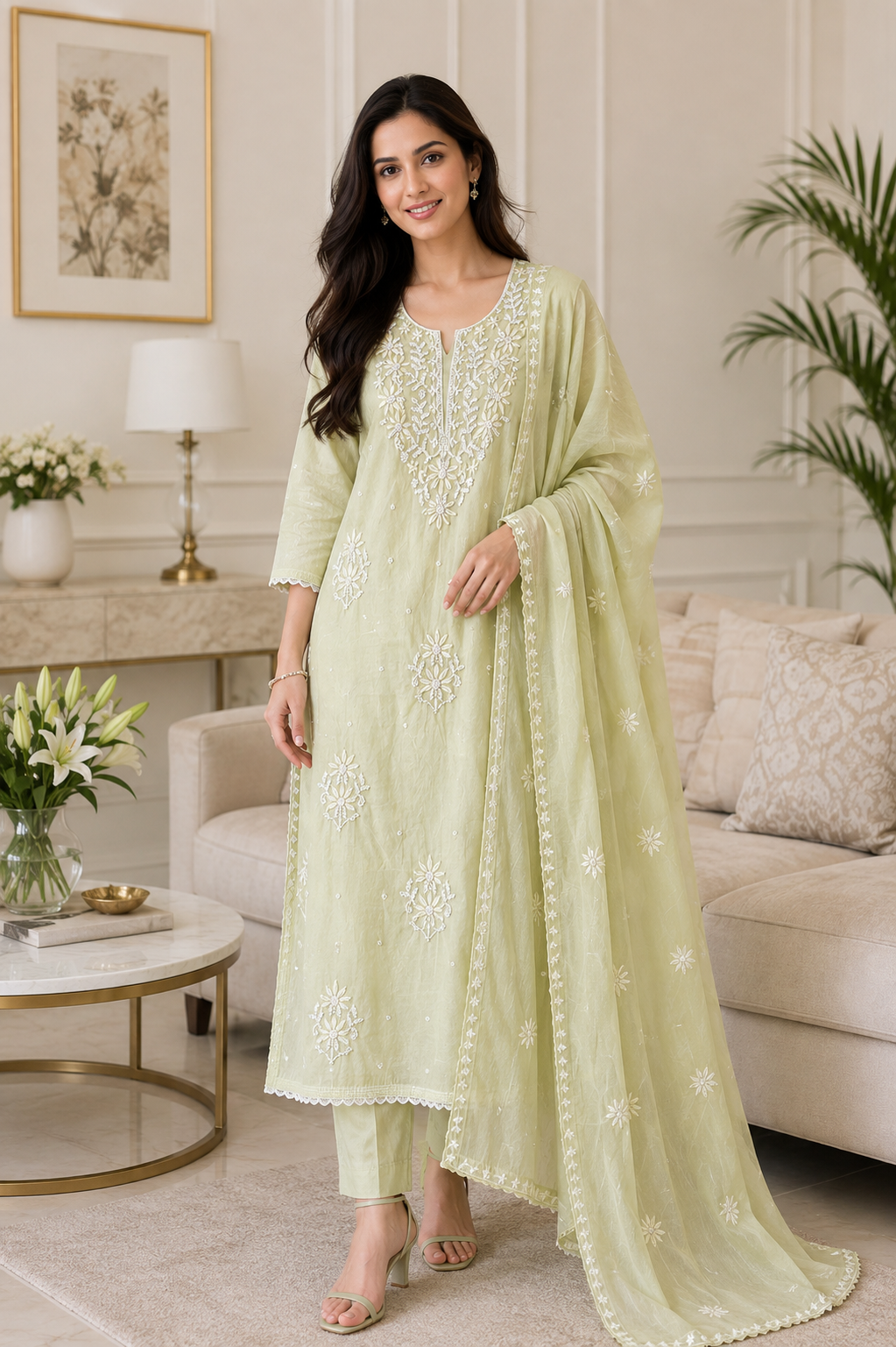 Mul Cotton Embroidered & Pearl Work Unstitched Suit with Embroidered Dupatta