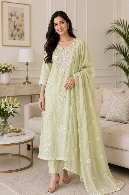 Mul Cotton Embroidered & Pearl Work Unstitched Suit with Embroidered Dupatta