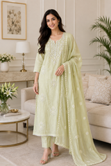 Mul Cotton Embroidered & Pearl Work Unstitched Suit with Embroidered Dupatta