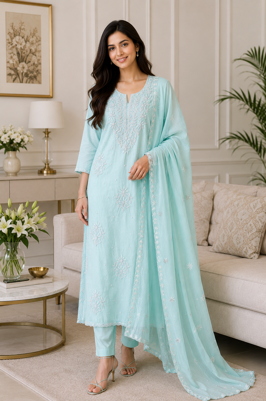 Mul Cotton Embroidered & Pearl Work Unstitched Suit with Embroidered Dupatta
