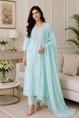 Mul Cotton Embroidered & Pearl Work Unstitched Suit with Embroidered Dupatta