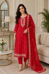 Designer Mul Cotton Embroidery & Pita Work Unstitched Suit ( 3 Pc Set)