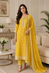 Designer Mul Cotton Embroidery & Pita Work Unstitched Suit ( 3 Pc Set)