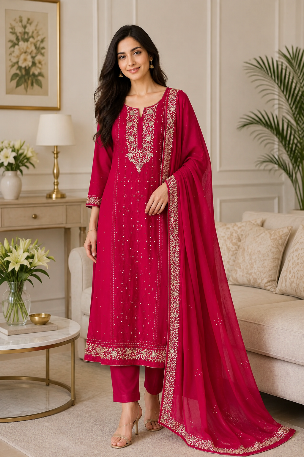 Designer Mul Cotton Embroidery & Pita Work Unstitched Suit ( 3 Pc Set)