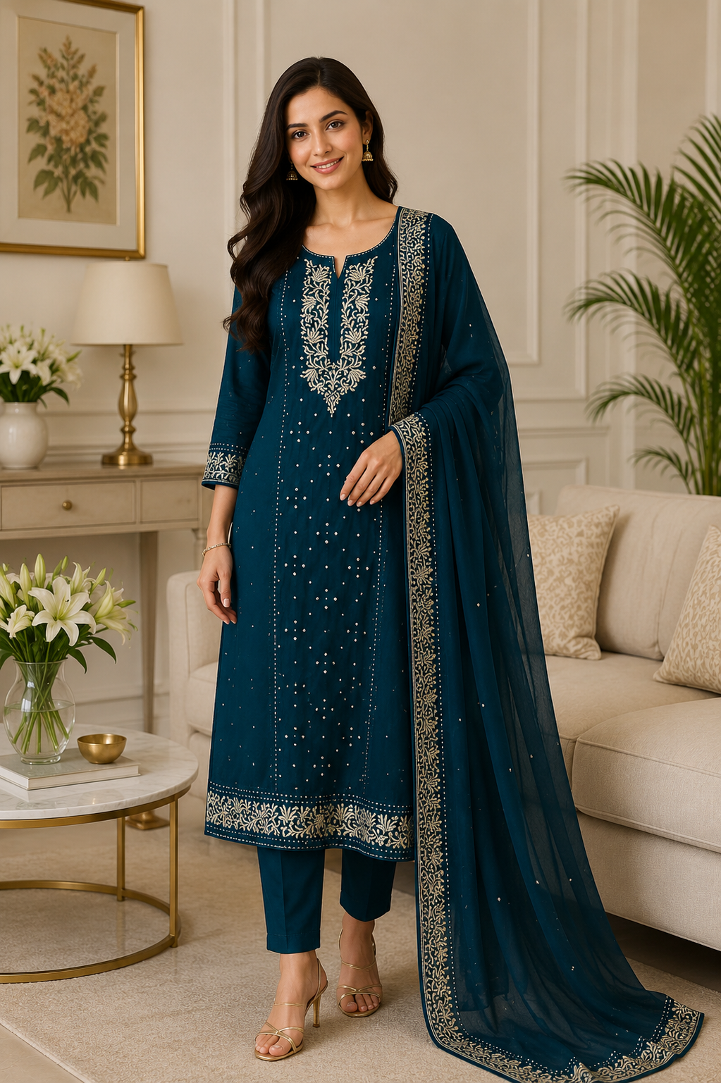 Designer Mul Cotton Embroidery & Pita Work Unstitched Suit ( 3 Pc Set)