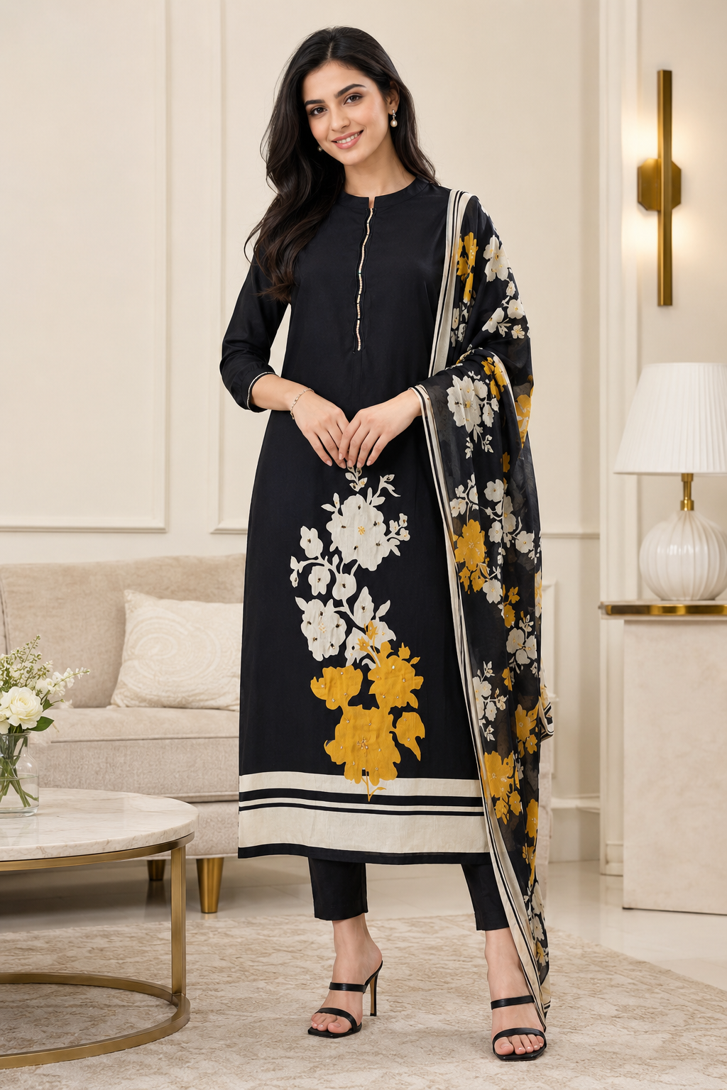 Elegant Cotton Digital Printed Unstitched Suit Set with Pearl Work & Chiffon Dupatta