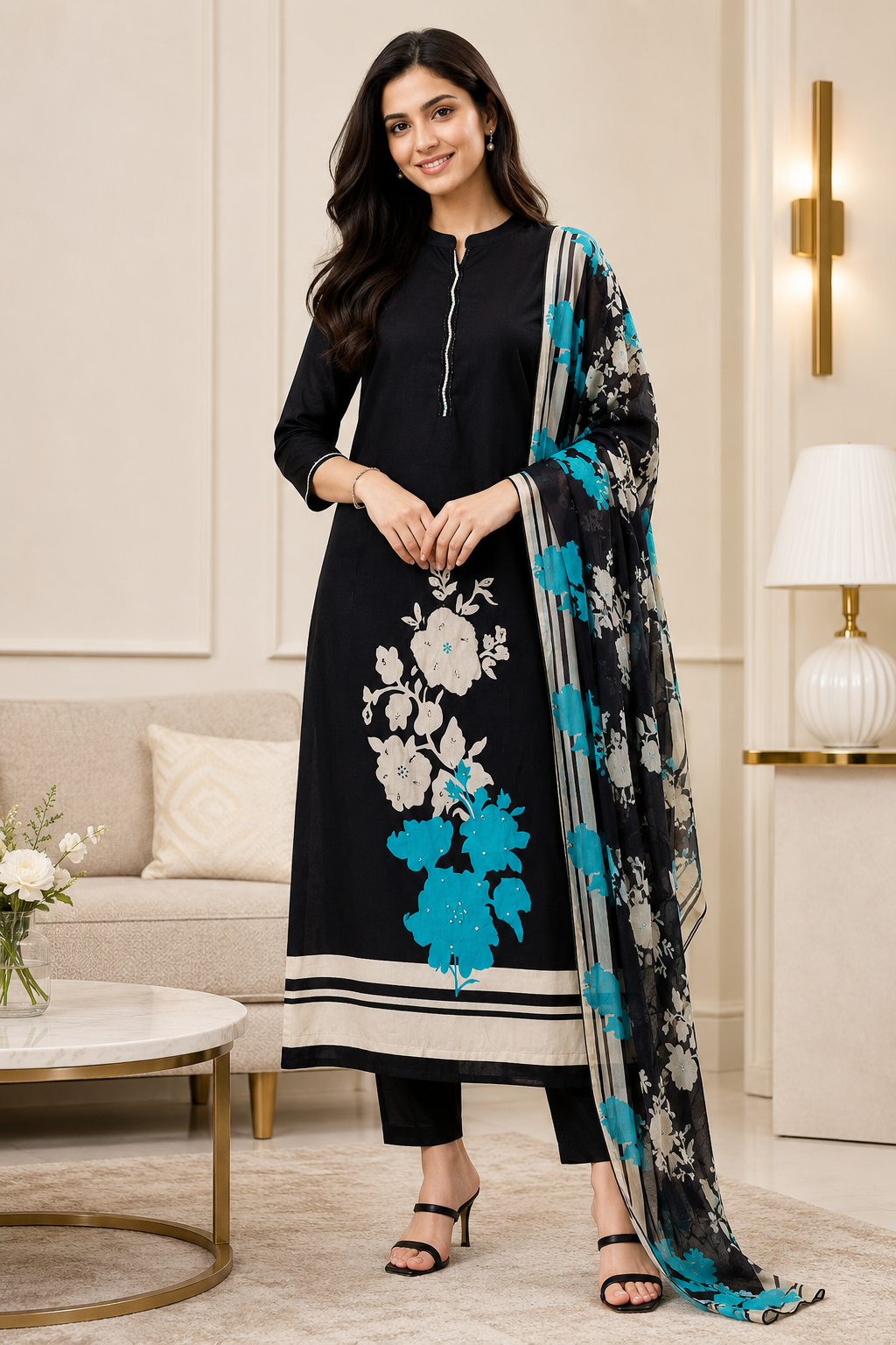 Elegant Cotton Digital Printed Unstitched Suit Set with Pearl Work & Chiffon Dupatta
