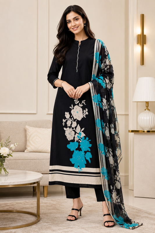 Elegant Cotton Digital Printed Unstitched Suit Set with Pearl Work & Chiffon Dupatta