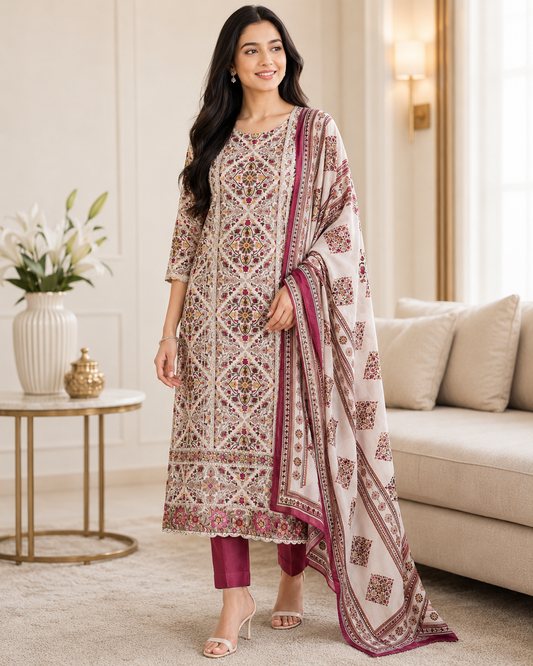 Premium Pure Cotton Kalam-Kari Print Unstitched Suit Set  with Organza Embroidery