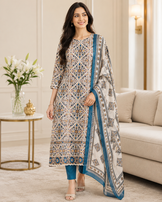 Premium Pure Cotton Kalam-Kari Print Unstitched Suit Set  with Organza Embroidery