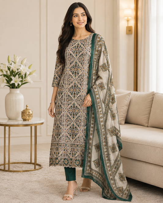 Premium Pure Cotton Kalam-Kari Print Unstitched Suit Set  with Organza Embroidery