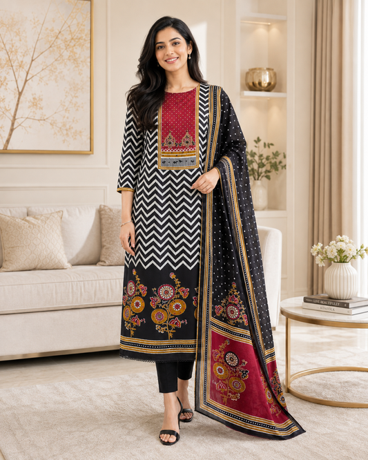 Cotton Printed Unstitched Suit Set with Faux Mirror, Knot Highlighting & Mul Cotton Dupatta