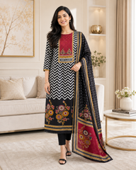 Cotton Printed Unstitched Suit Set with Faux Mirror, Knot Highlighting & Mul Cotton Dupatta