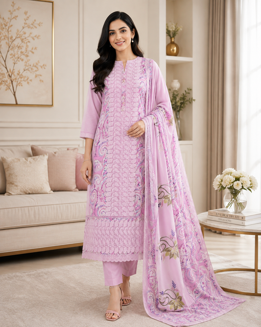 Pure Cotton Digital Print Unstitched Suit Set with Crochet Lace and Embroidered Dupatta