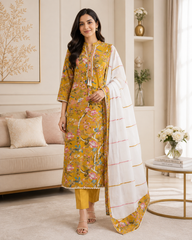 Cotton Floral Print Unstitched Suit Set with Crochet Lace  & Cotton Dupatta
