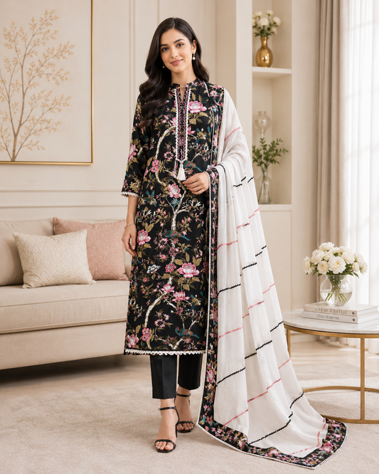 Cotton Floral Print Unstitched Suit Set with Crochet Lace  & Cotton Dupatta
