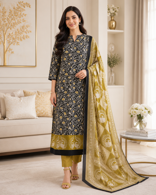 Cotton Traditional Print Unstitched Suit Set with Mul Cotton Printed Dupatta