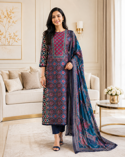 Cotton Printed Unstitched Suit Set with Faux Mirror Work & Mul Cotton Printed Dupatta