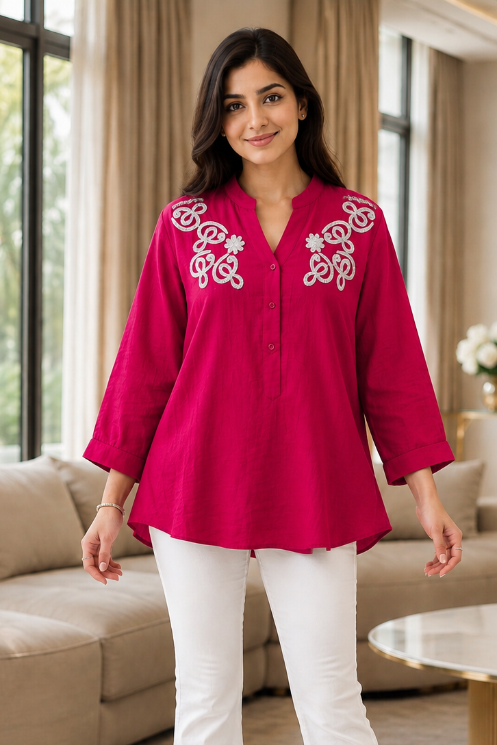 Stylish 3D Embroidered Mandarin Collar Wrinkle Vicose Rayon Top