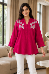 Stylish 3D Embroidered Mandarin Collar Wrinkle Vicose Rayon Top