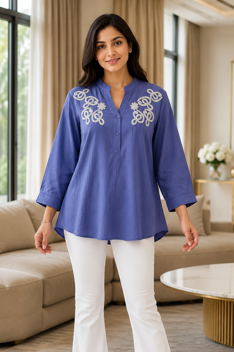 Stylish 3D Embroidered Mandarin Collar Wrinkle Vicose Rayon Top