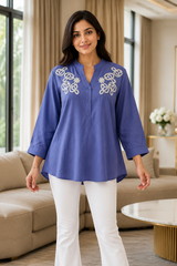 Stylish 3D Embroidered Mandarin Collar Wrinkle Vicose Rayon Top