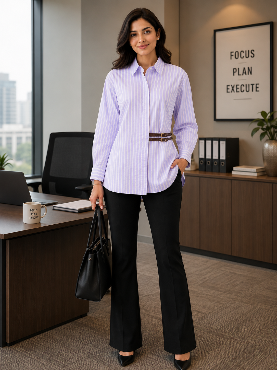 44( 2XL) -Viscose Rayon Striped Shirt with Side Fitting Belt | 3/4 Sleeves | Comfort Fit