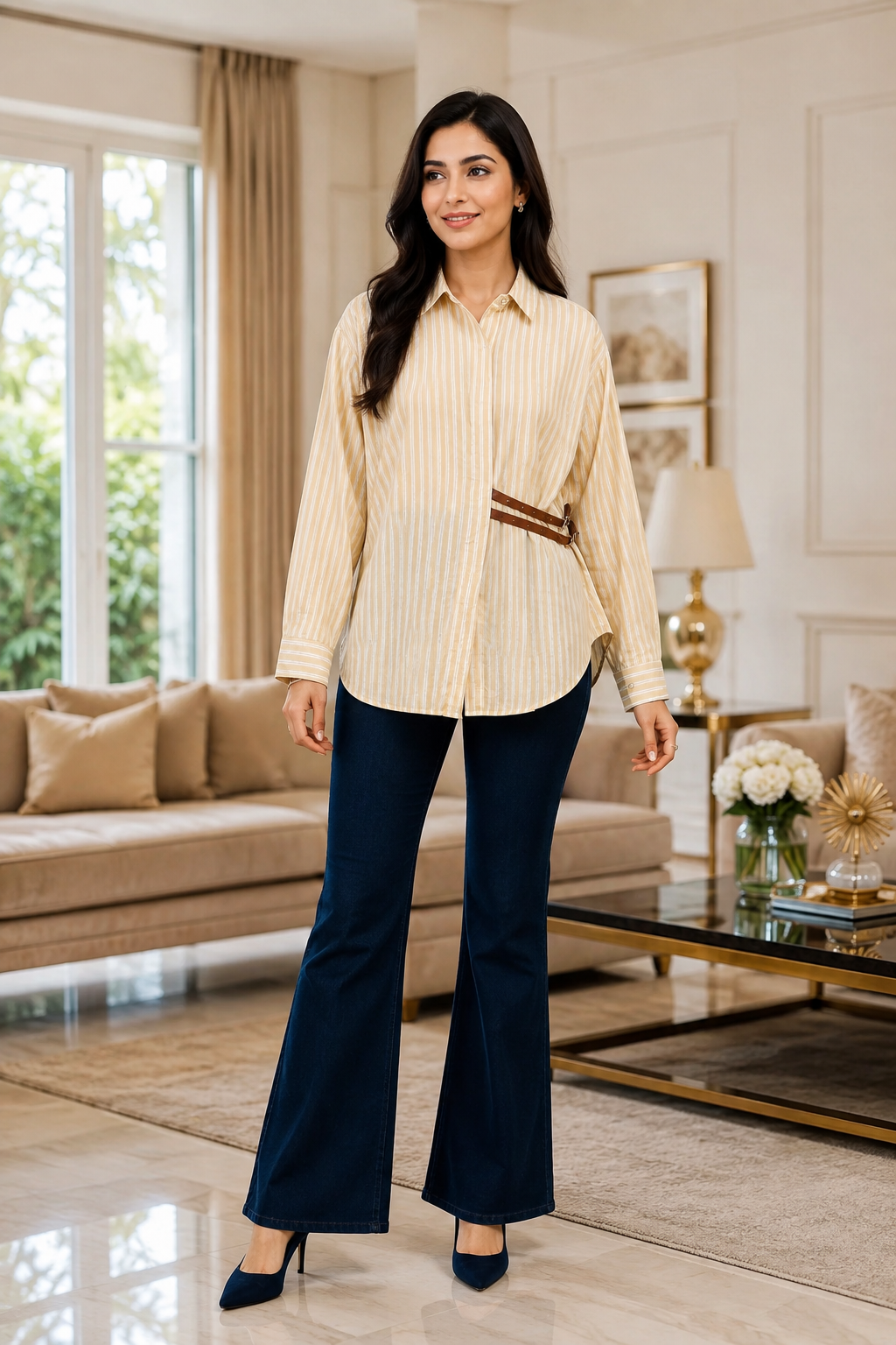 44( 2XL) -Viscose Rayon Striped Shirt with Side Fitting Belt | 3/4 Sleeves | Comfort Fit