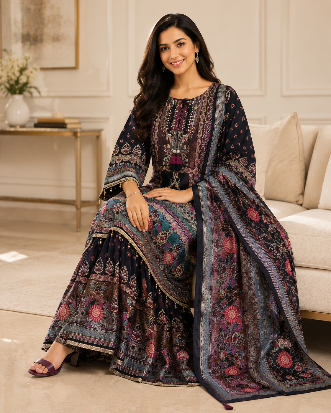 Fully Stitched-Chinnon Digital Printed Party Wear Sharara Suit Set with Cut Dana & Mirror Work